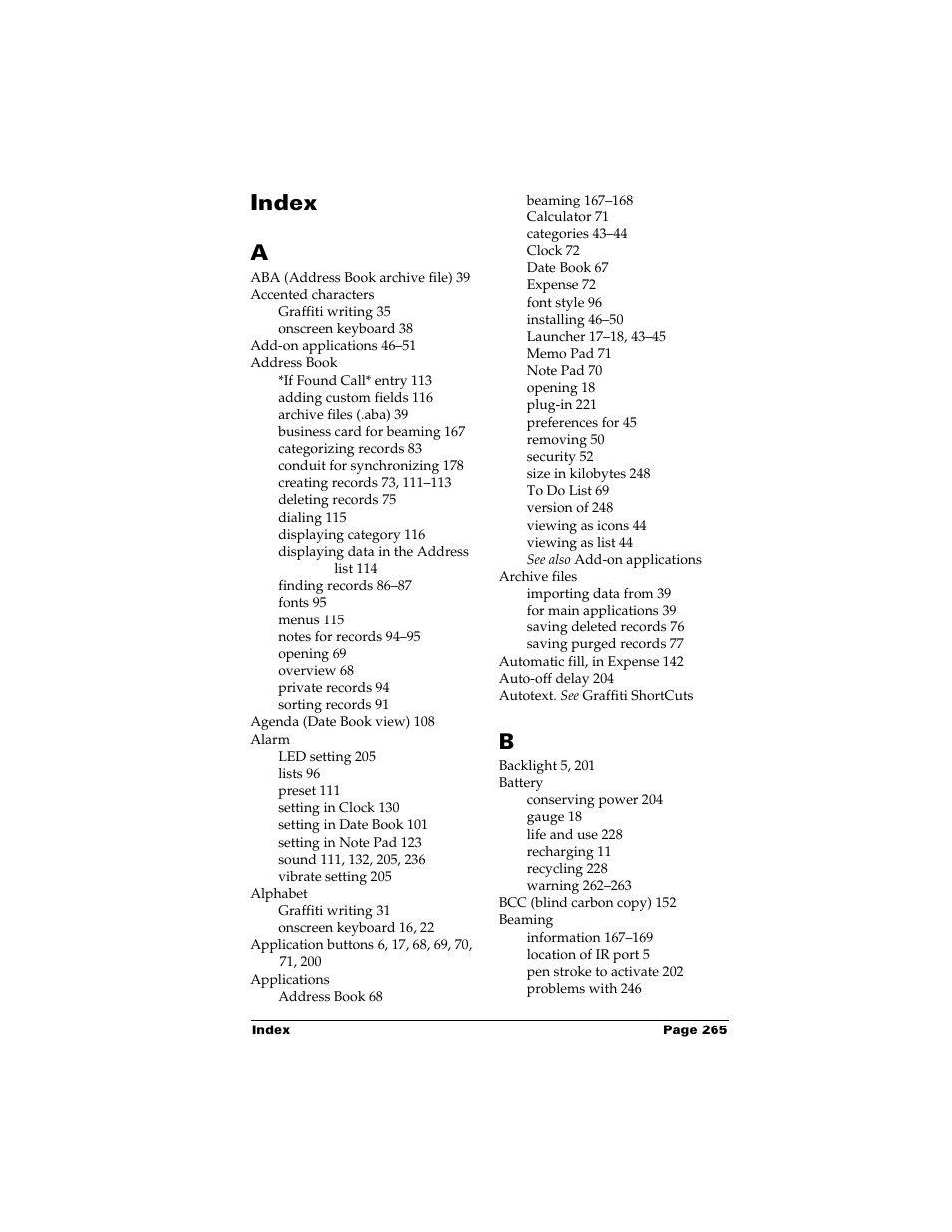 Index | Palm m500 User Manual | Page 275 / 286