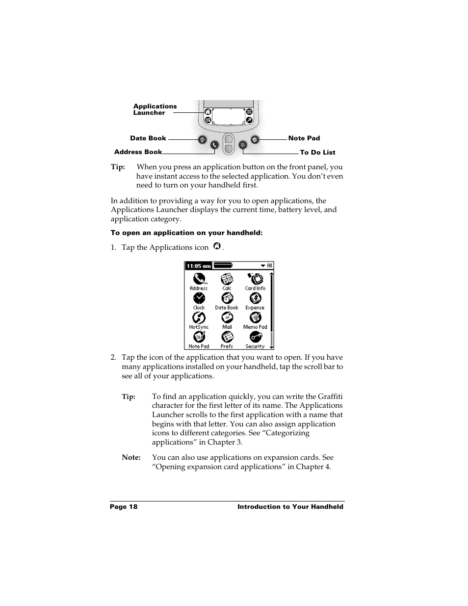 To open an application on your handheld | Palm m500 User Manual | Page 28 / 286