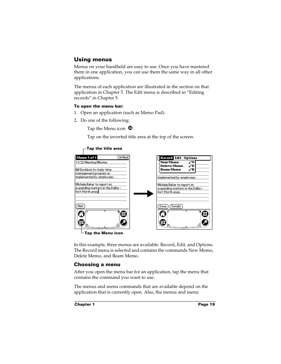 Using menus, To open the menu bar, Choosing a menu | Palm m500 User Manual | Page 29 / 286