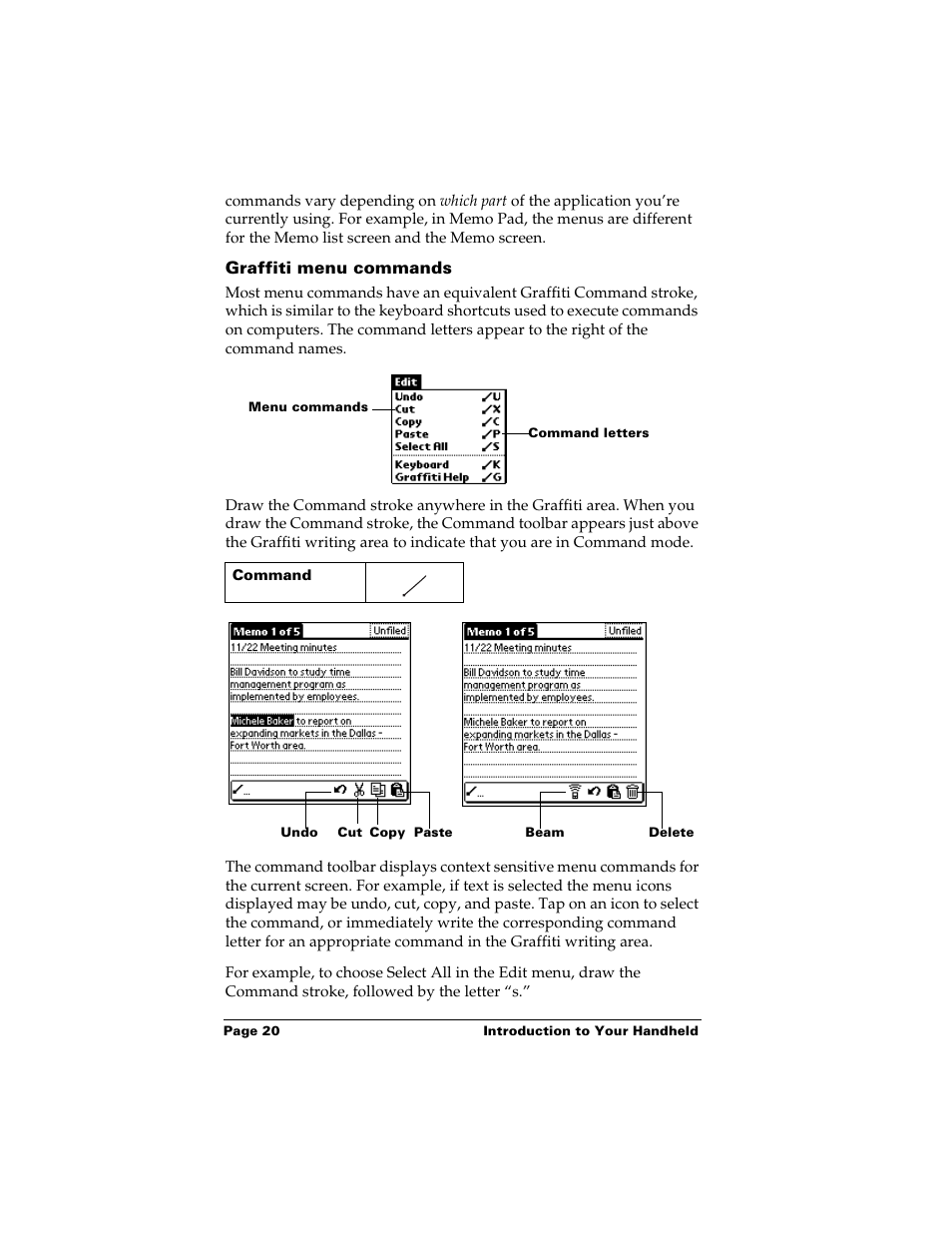 Graffiti menu commands | Palm m500 User Manual | Page 30 / 286