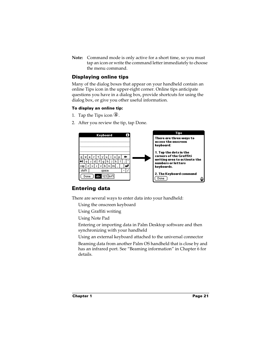 Displaying online tips, To display an online tip, Entering data | Palm m500 User Manual | Page 31 / 286