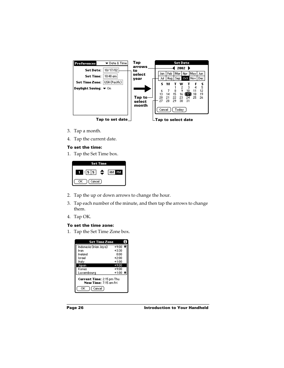 To set the time, To set the time zone | Palm m500 User Manual | Page 36 / 286