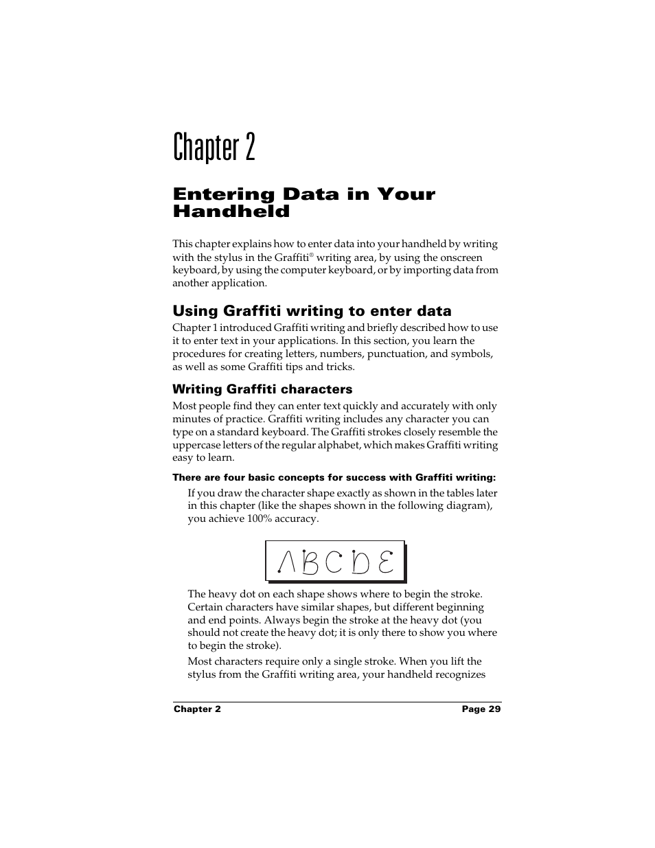 Chapter 2, Entering data in your handheld, Using graffiti writing to enter data | Writing graffiti characters, Chapter 2: entering data in your handheld, Abet. see chapter 2 | Palm m500 User Manual | Page 39 / 286