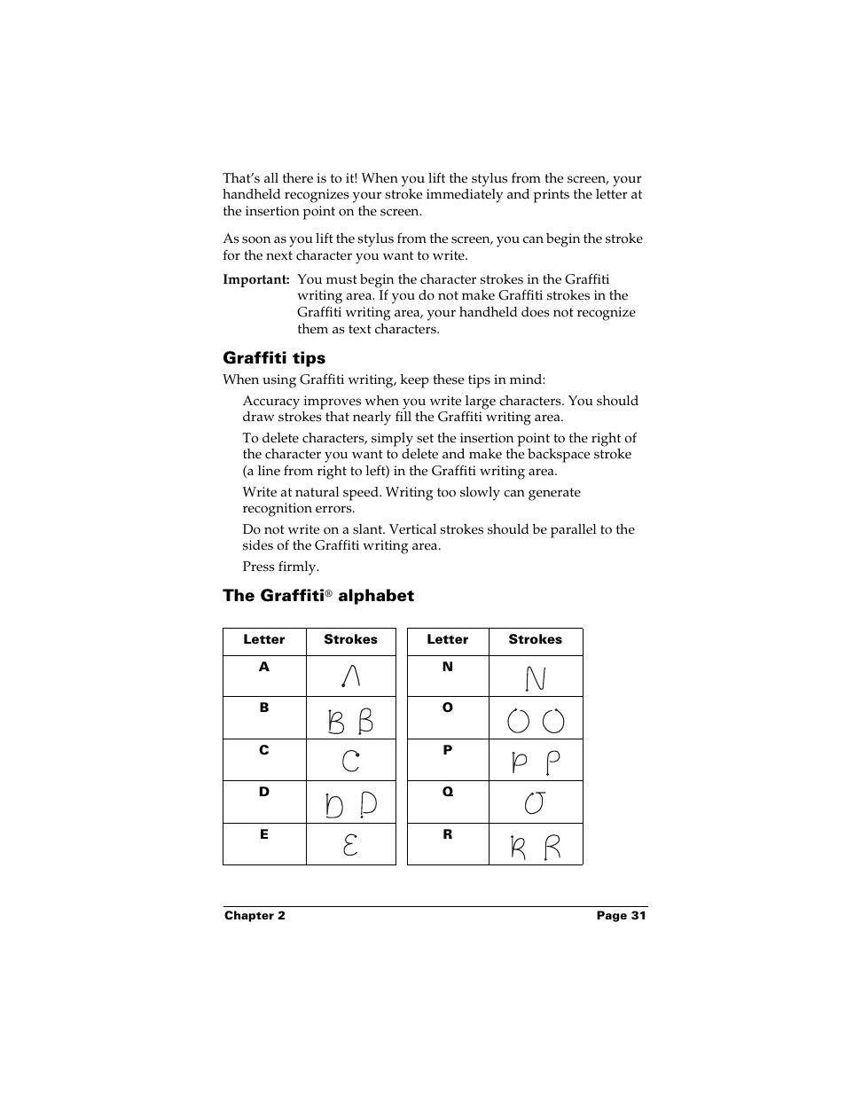 Graffiti tips, The graffiti® alphabet, Graffiti tips the graffiti® alphabet | The graffiti, Alphabet | Palm m500 User Manual | Page 41 / 286