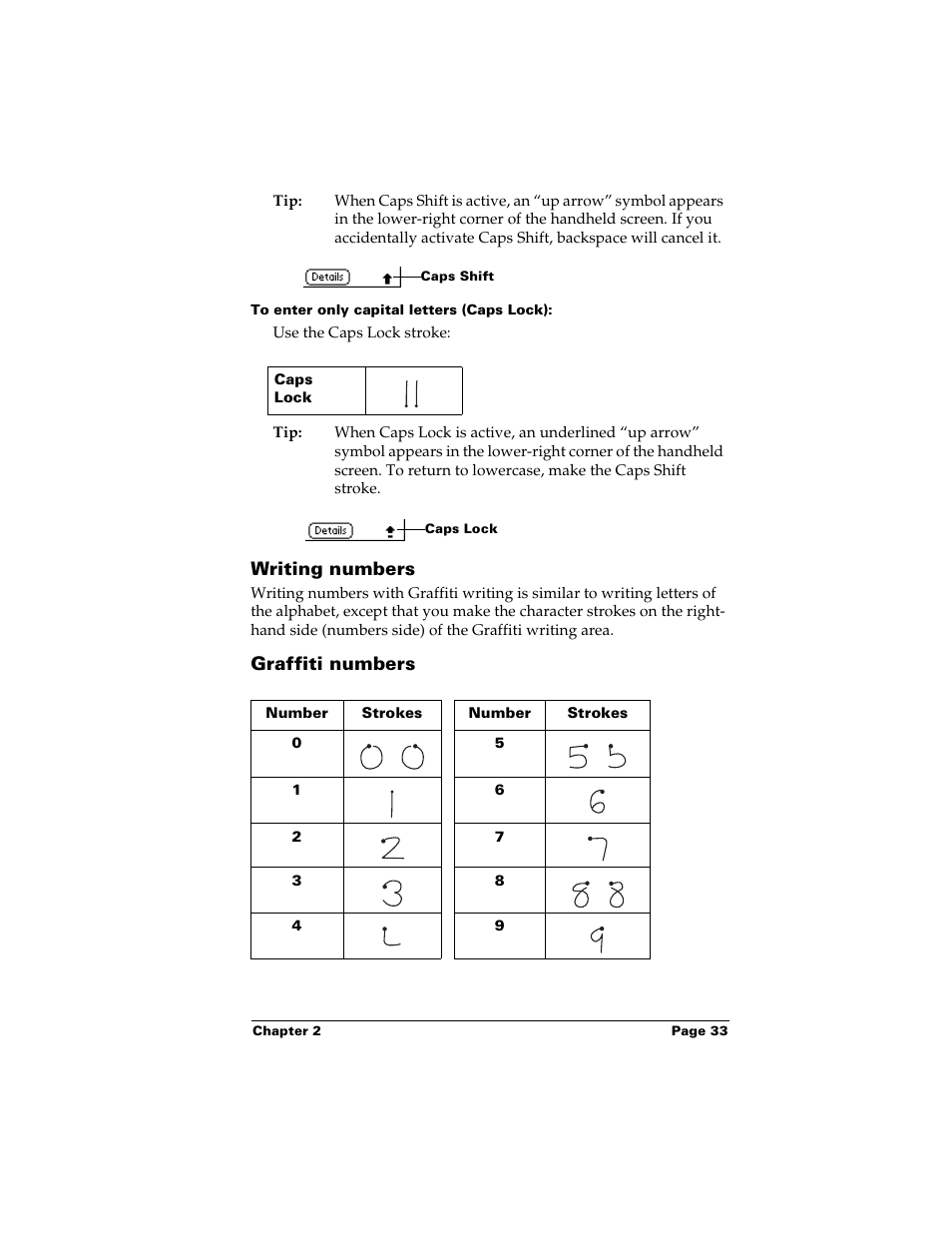 To enter only capital letters (caps lock), Writing numbers, Graffiti numbers | Writing numbers graffiti numbers | Palm m500 User Manual | Page 43 / 286