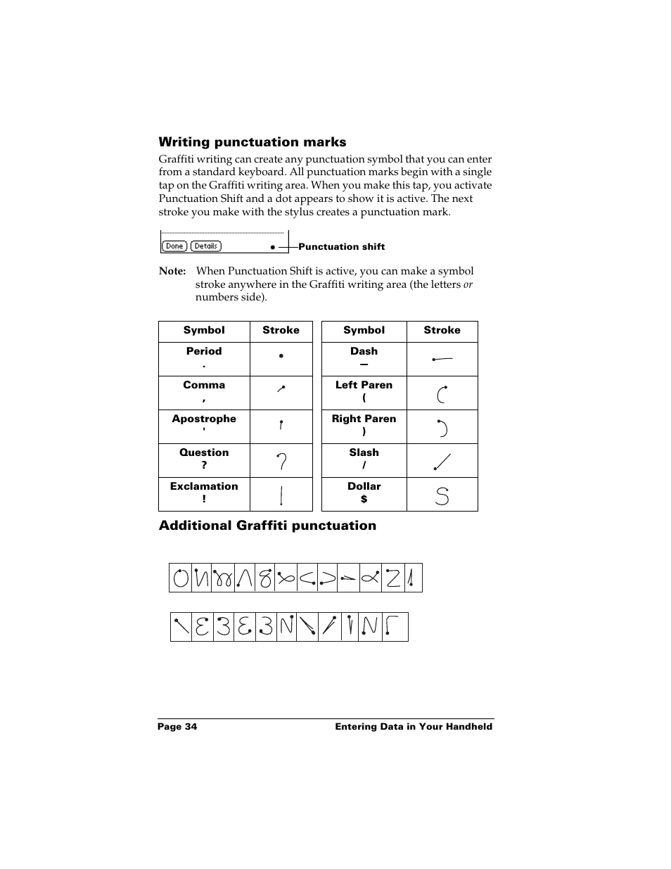 Writing punctuation marks, Additional graffiti punctuation | Palm m500 User Manual | Page 44 / 286