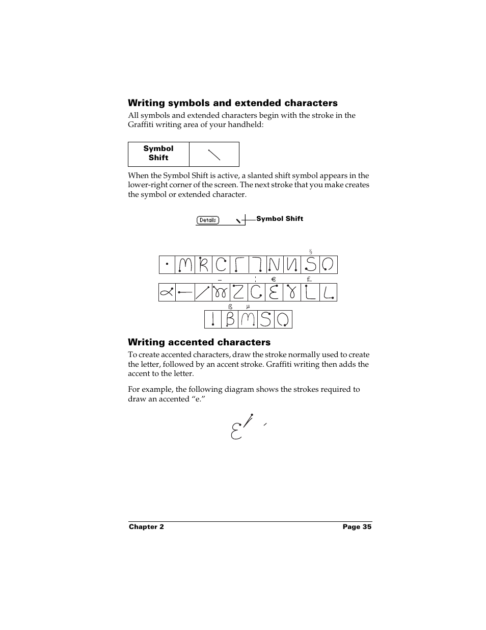 Writing symbols and extended characters, Writing accented characters | Palm m500 User Manual | Page 45 / 286