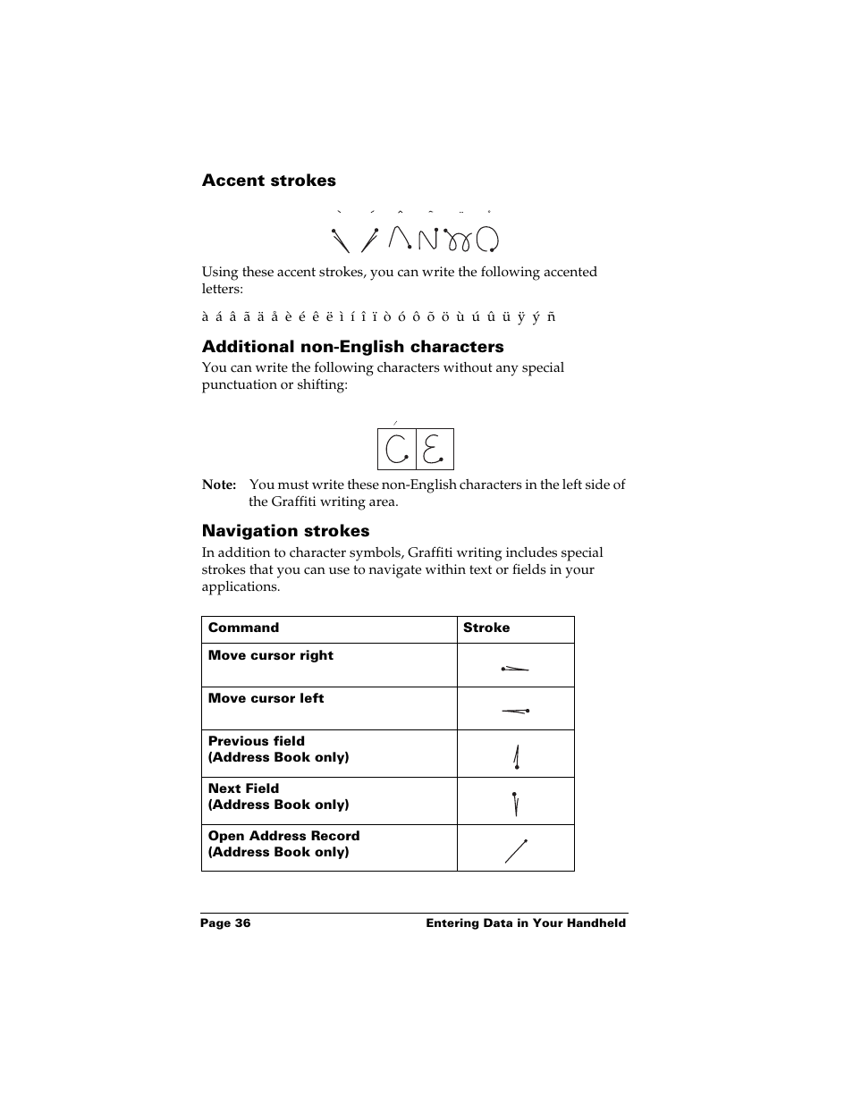 Accent strokes, Additional non-english characters, Navigation strokes | Palm m500 User Manual | Page 46 / 286