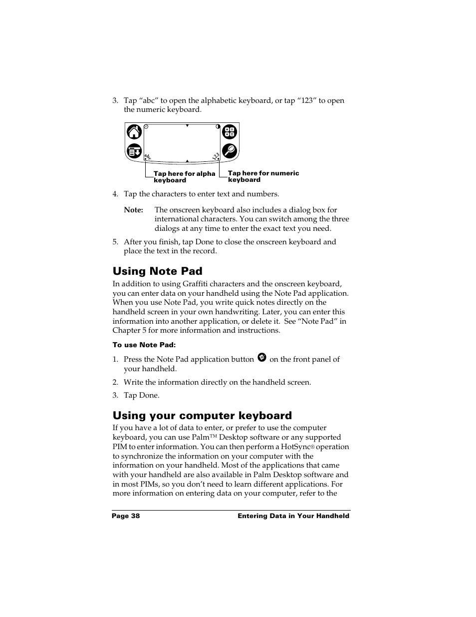 Using note pad, To use note pad, Using your computer keyboard | Using note pad using your computer keyboard | Palm m500 User Manual | Page 48 / 286