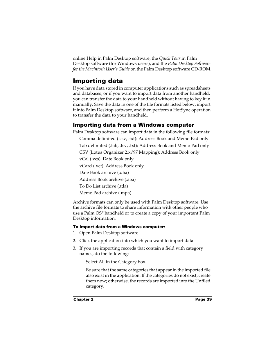 Importing data, Importing data from a windows computer, To import data from a windows computer | Palm m500 User Manual | Page 49 / 286