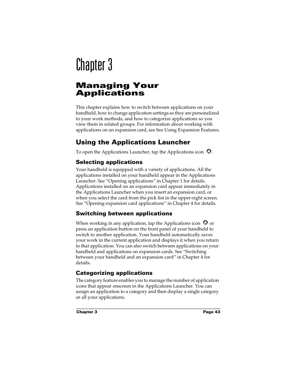 Chapter 3, Managing your applications, Using the applications launcher | Selecting applications, Switching between applications, Categorizing applications, Chapter 3: managing your applications | Palm m500 User Manual | Page 53 / 286