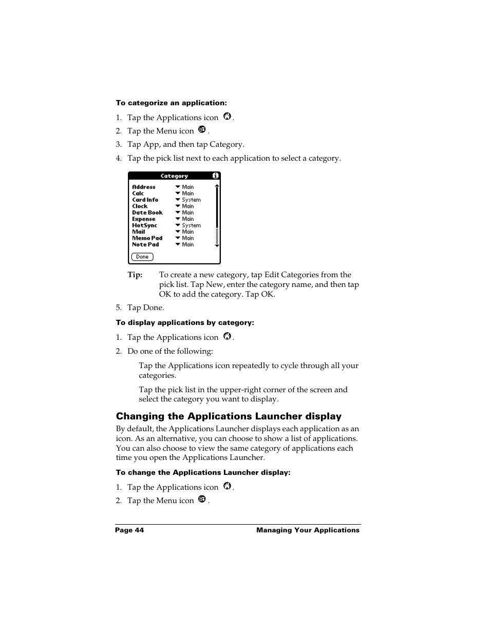 To categorize an application, To display applications by category, Changing the applications launcher display | To change the applications launcher display | Palm m500 User Manual | Page 54 / 286