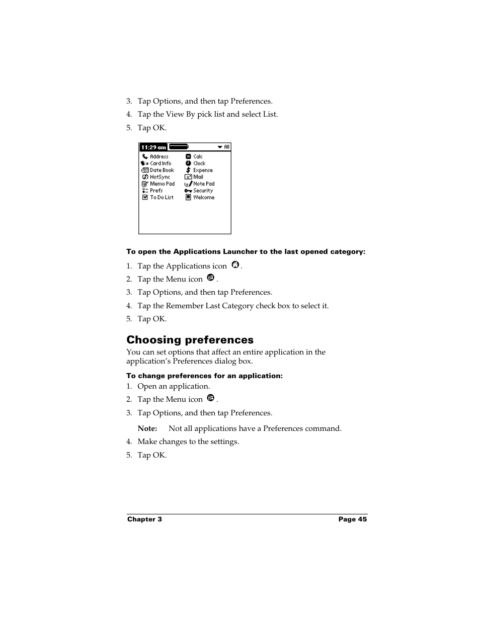 Choosing preferences, To change preferences for an application | Palm m500 User Manual | Page 55 / 286