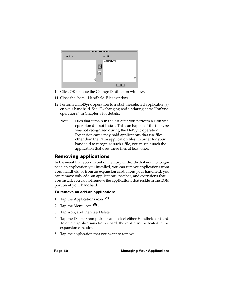 Removing applications, To remove an add-on application | Palm m500 User Manual | Page 60 / 286