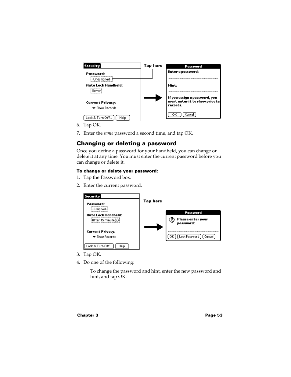 Changing or deleting a password, To change or delete your password | Palm m500 User Manual | Page 63 / 286