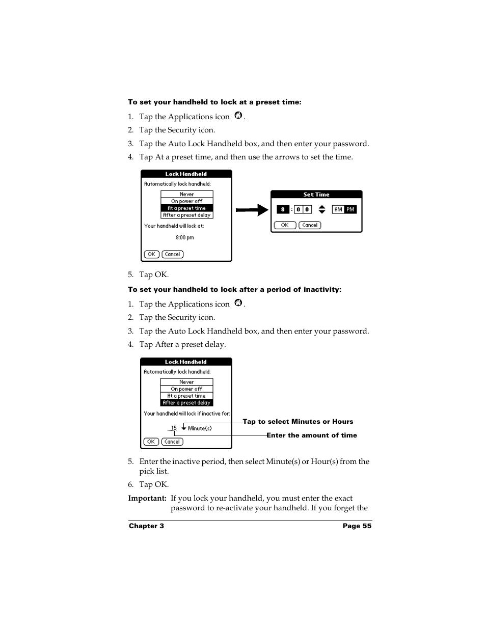 To set your handheld to lock at a preset time | Palm m500 User Manual | Page 65 / 286