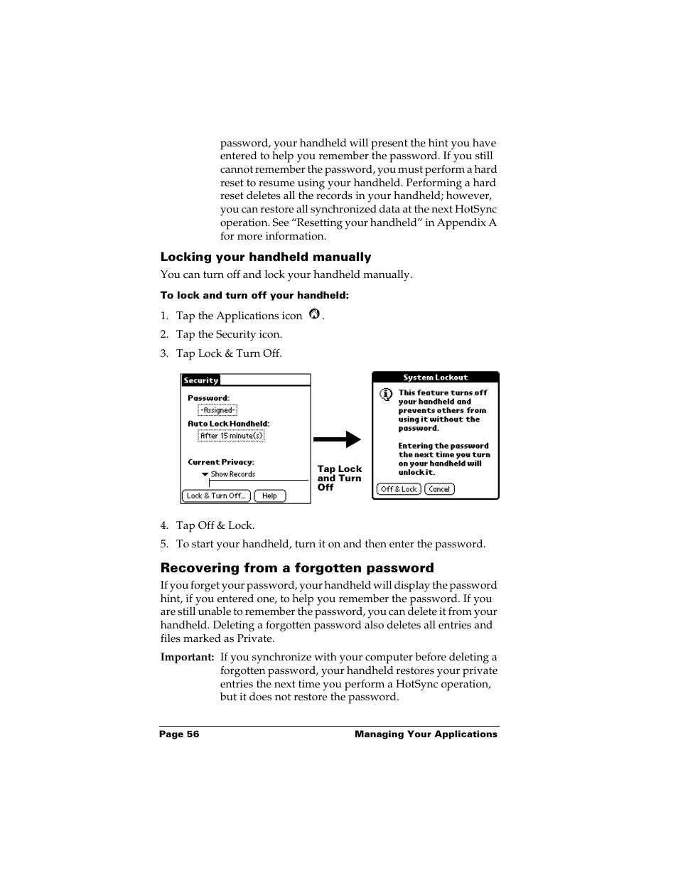 Locking your handheld manually, To lock and turn off your handheld, Recovering from a forgotten password | Palm m500 User Manual | Page 66 / 286