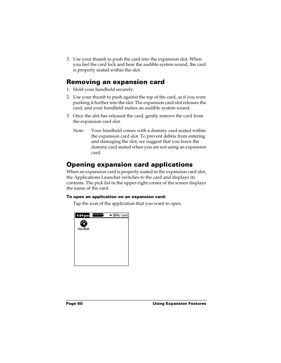 Removing an expansion card, Opening expansion card applications, To open an application on an expansion card | Palm m500 User Manual | Page 70 / 286