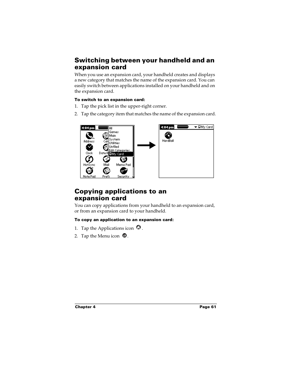 To switch to an expansion card, Copying applications to an expansion card, To copy an application to an expansion card | Palm m500 User Manual | Page 71 / 286