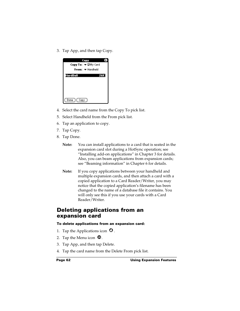 Deleting applications from an expansion card, To delete applications from an expansion card | Palm m500 User Manual | Page 72 / 286