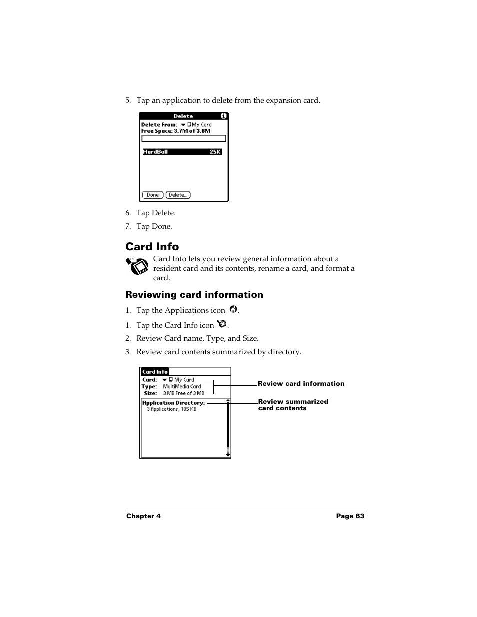 Card info, Reviewing card information | Palm m500 User Manual | Page 73 / 286