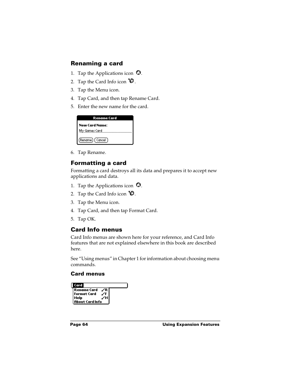 Renaming a card, Formatting a card, Card info menus | Card menus, Renaming a card formatting a card card info menus | Palm m500 User Manual | Page 74 / 286