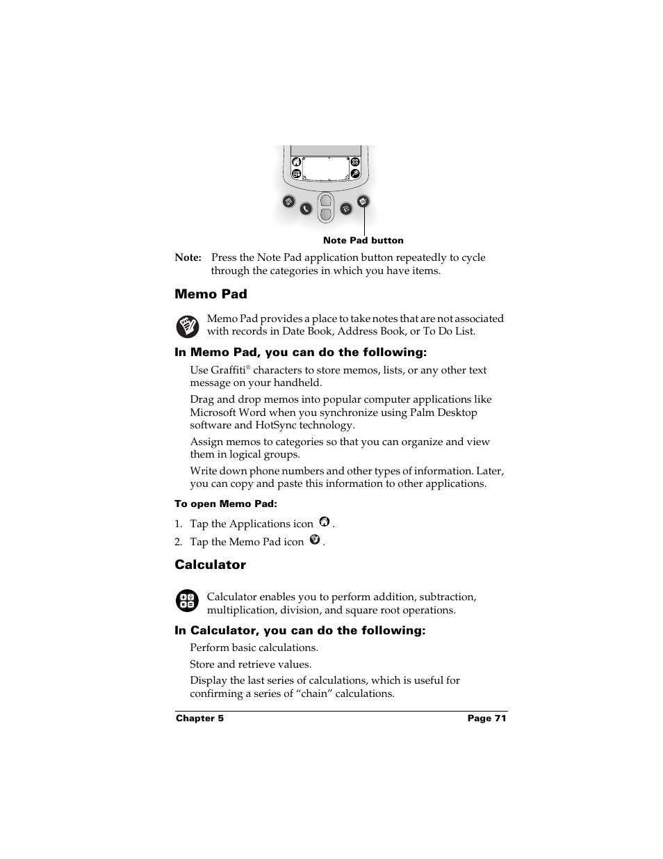 Memo pad, In memo pad, you can do the following, To open memo pad | Calculator, In calculator, you can do the following, Memo pad calculator | Palm m500 User Manual | Page 81 / 286