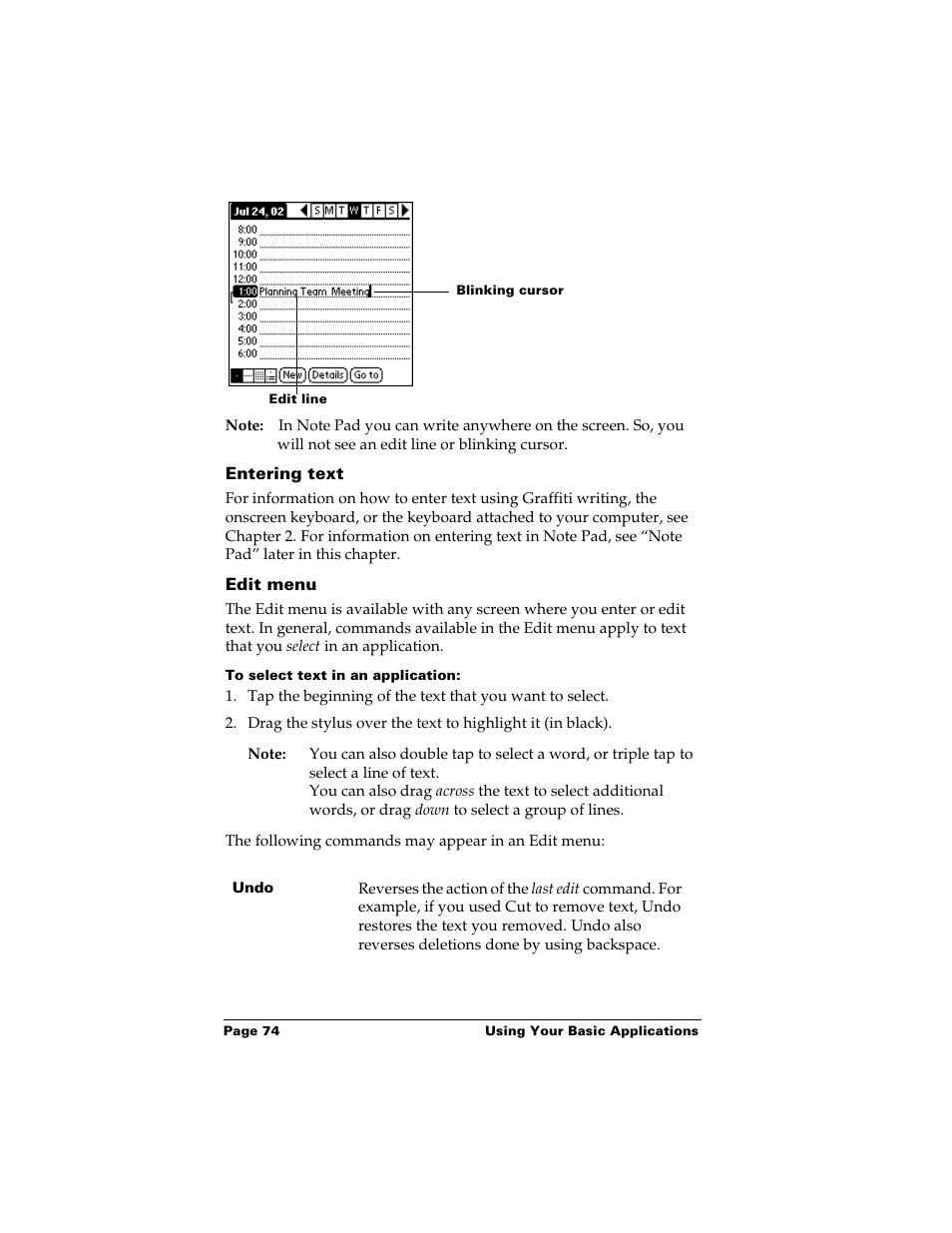 Entering text, Edit menu, To select text in an application | Palm m500 User Manual | Page 84 / 286
