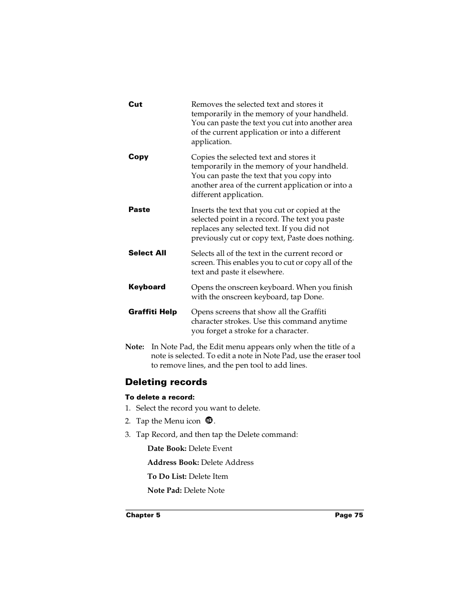 Deleting records, To delete a record | Palm m500 User Manual | Page 85 / 286