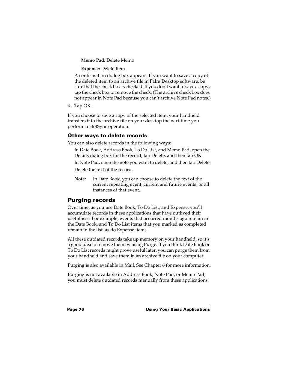 Other ways to delete records, Purging records | Palm m500 User Manual | Page 86 / 286