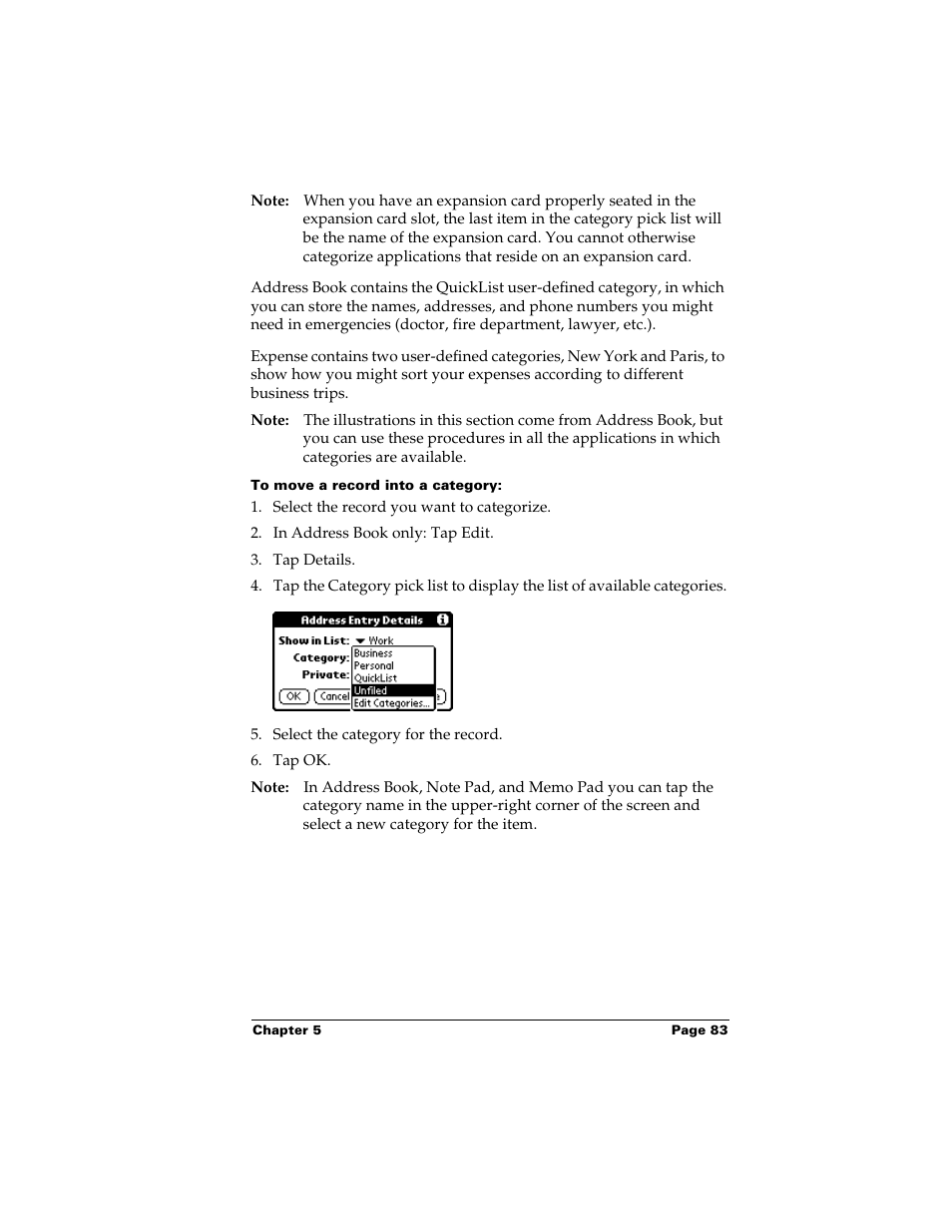 To move a record into a category | Palm m500 User Manual | Page 93 / 286