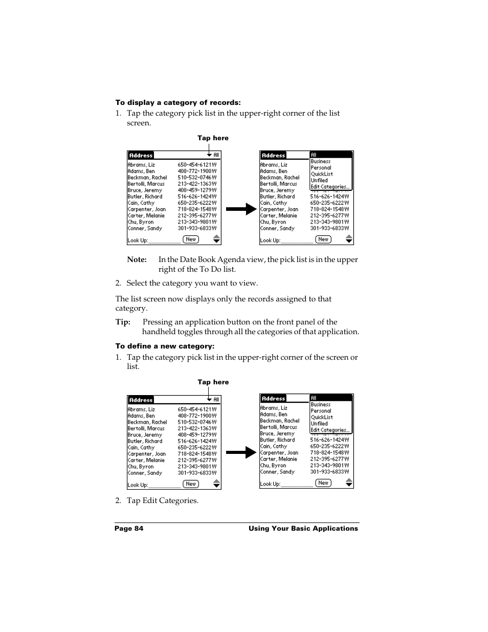 To display a category of records, To define a new category | Palm m500 User Manual | Page 94 / 286