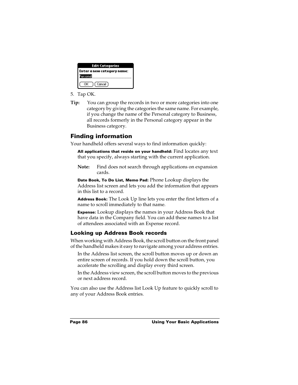 Finding information, Looking up address book records | Palm m500 User Manual | Page 96 / 286