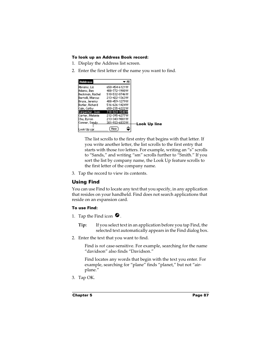 To look up an address book record, Using find, To use find | Palm m500 User Manual | Page 97 / 286