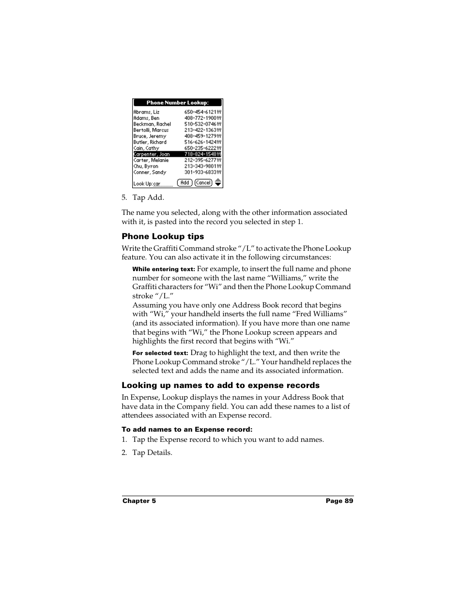 Phone lookup tips, Looking up names to add to expense records, To add names to an expense record | Palm m500 User Manual | Page 99 / 286