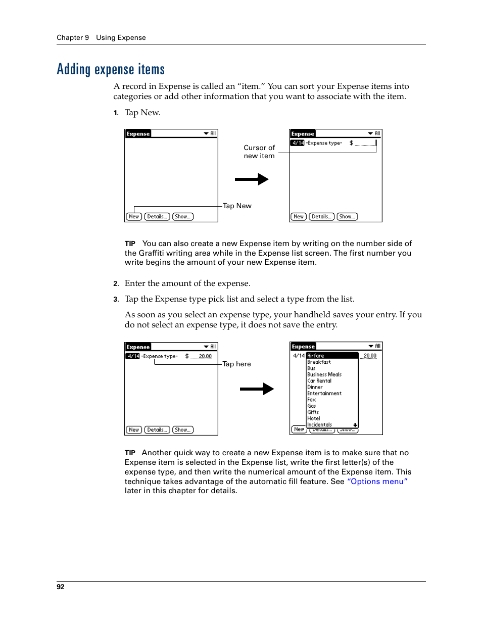 Adding expense items | Palm Zire 21 User Manual | Page 102 / 208