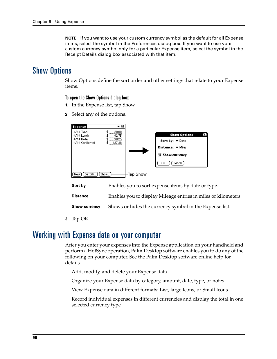 Show options, To open the show options dialog box, Working with expense data on your computer | Palm Zire 21 User Manual | Page 106 / 208