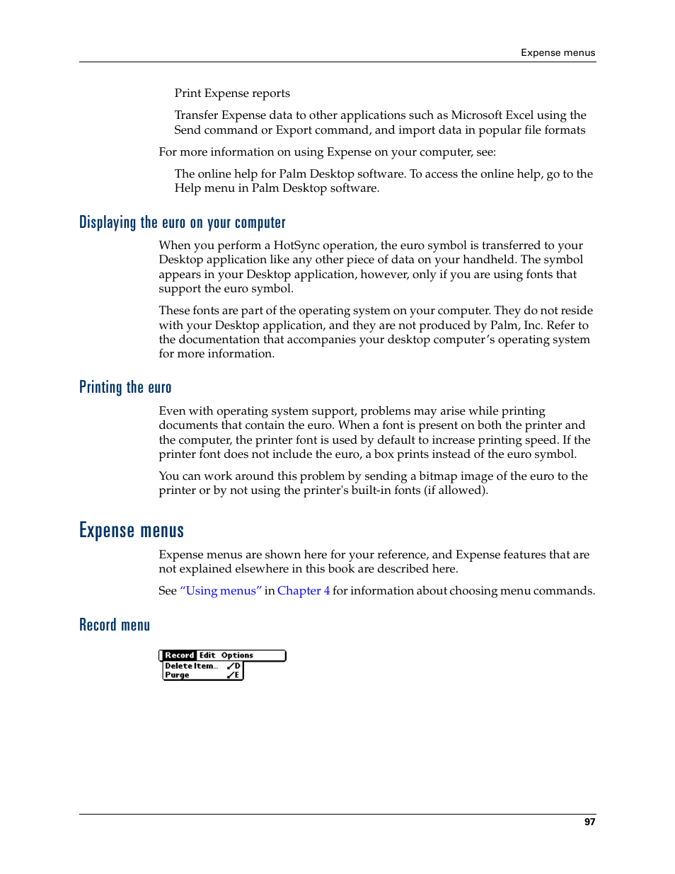 Displaying the euro on your computer, Printing the euro, Expense menus | Record menu | Palm Zire 21 User Manual | Page 107 / 208