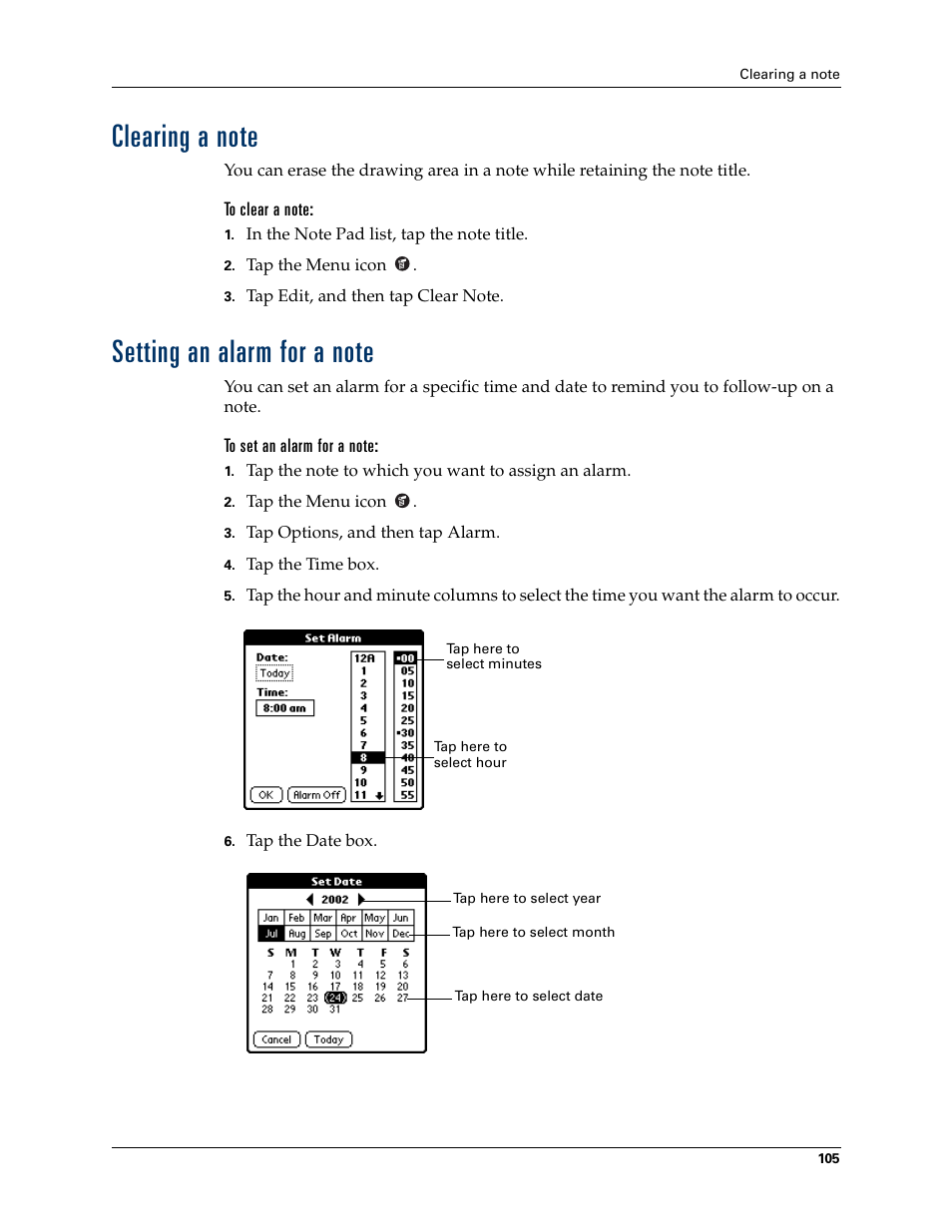 Clearing a note, To clear a note, Setting an alarm for a note | To set an alarm for a note, Clearing a note setting an alarm for a note | Palm Zire 21 User Manual | Page 115 / 208