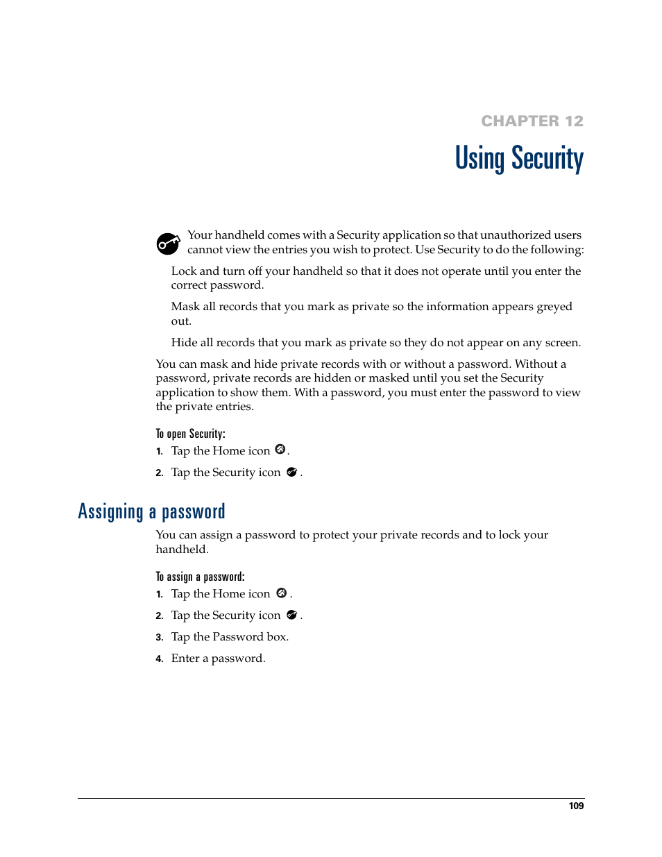 Using security, To open security, Assigning a password | To assign a password, Chapter 12: using security, Chapter 12 | Palm Zire 21 User Manual | Page 119 / 208