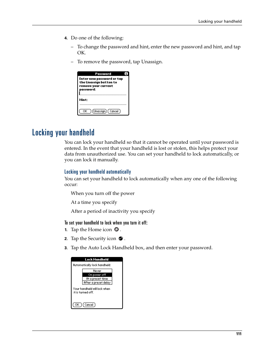 Locking your handheld, Locking your handheld automatically, To set your handheld to lock when you turn it off | Palm Zire 21 User Manual | Page 121 / 208