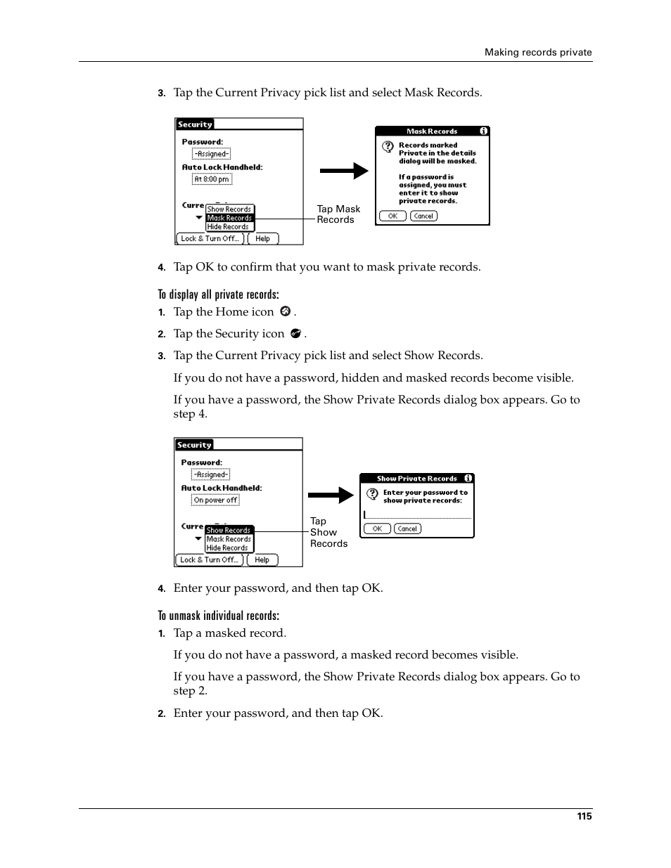 To display all private records, To unmask individual records | Palm Zire 21 User Manual | Page 125 / 208