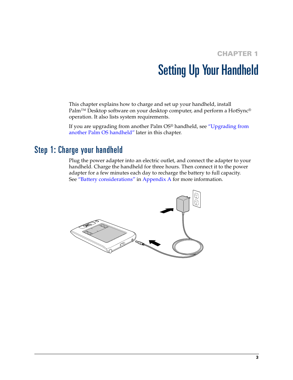 Setting up your handheld, Step 1: charge your handheld, Chapter 1: setting up your handheld | Palm Zire 21 User Manual | Page 13 / 208