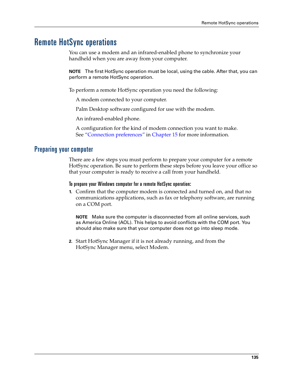 Remote hotsync operations, Preparing your computer | Palm Zire 21 User Manual | Page 145 / 208