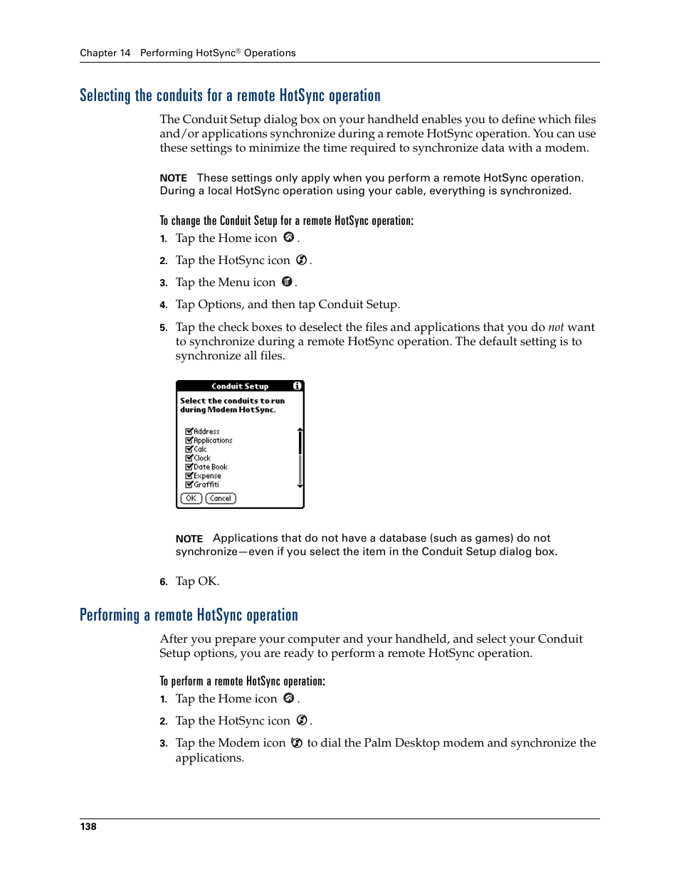 Performing a remote hotsync operation | Palm Zire 21 User Manual | Page 148 / 208