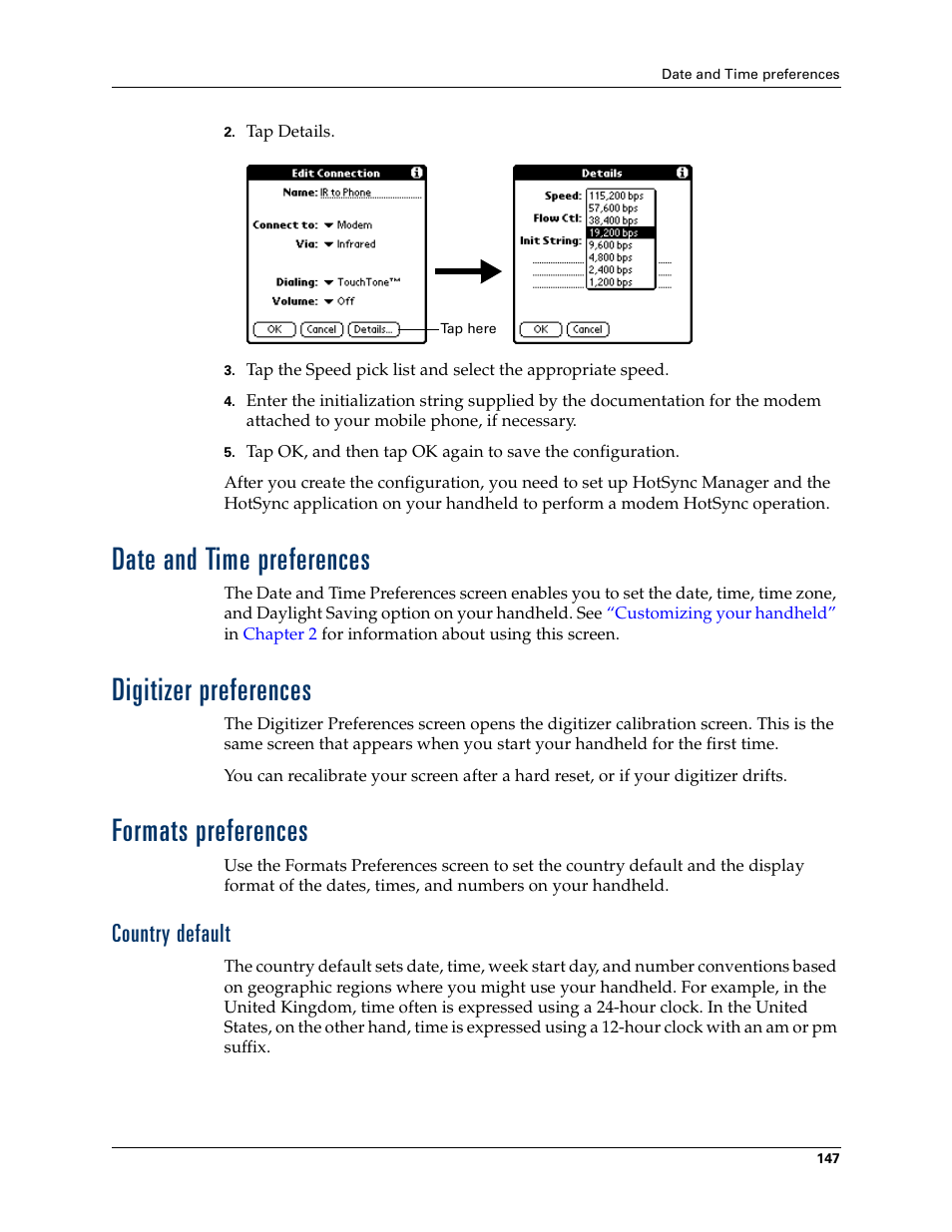 Date and time preferences, Digitizer preferences, Formats preferences | Country default, E. see, Chapter 15 | Palm Zire 21 User Manual | Page 157 / 208