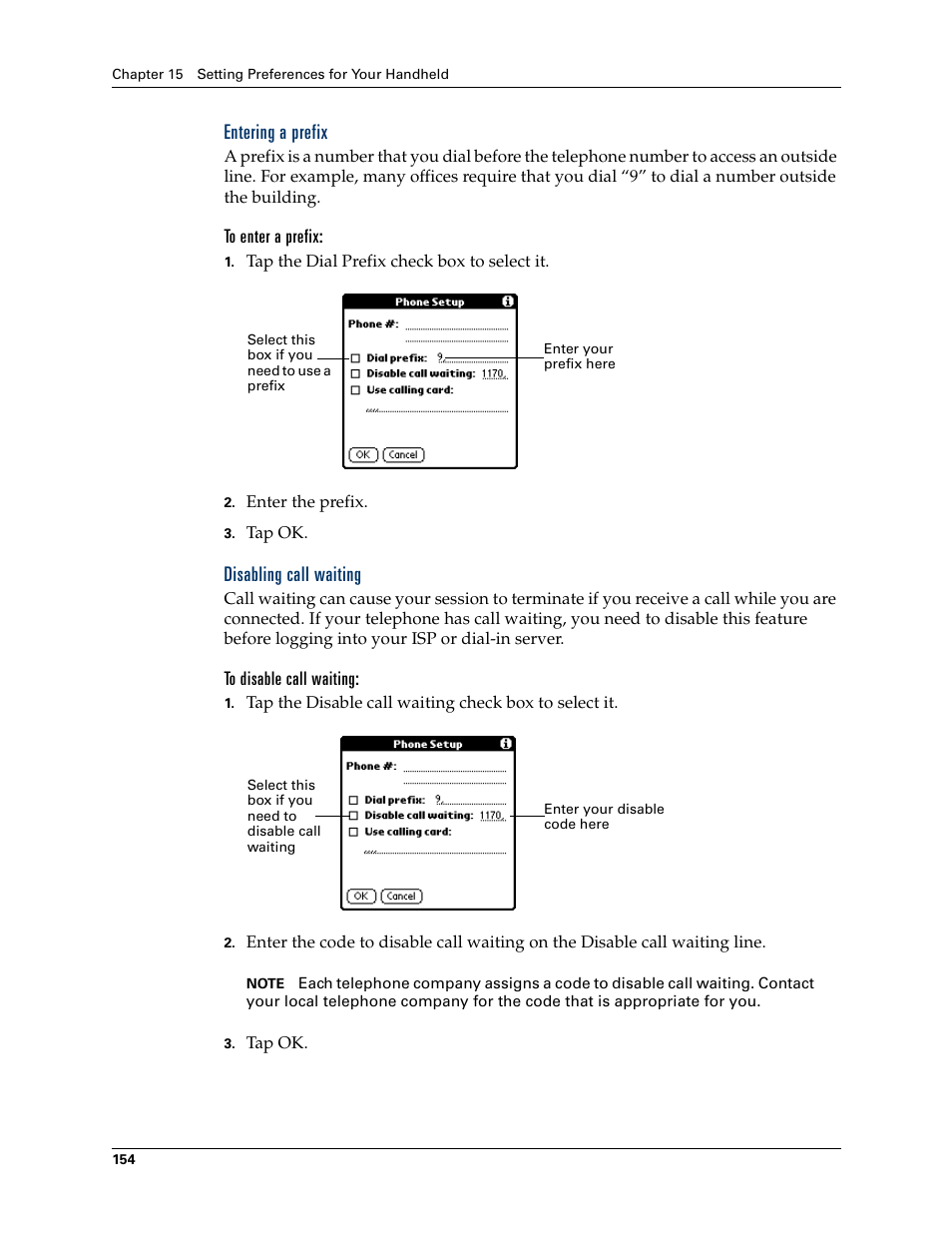 Entering a prefix, To enter a prefix, Disabling call waiting | To disable call waiting | Palm Zire 21 User Manual | Page 164 / 208