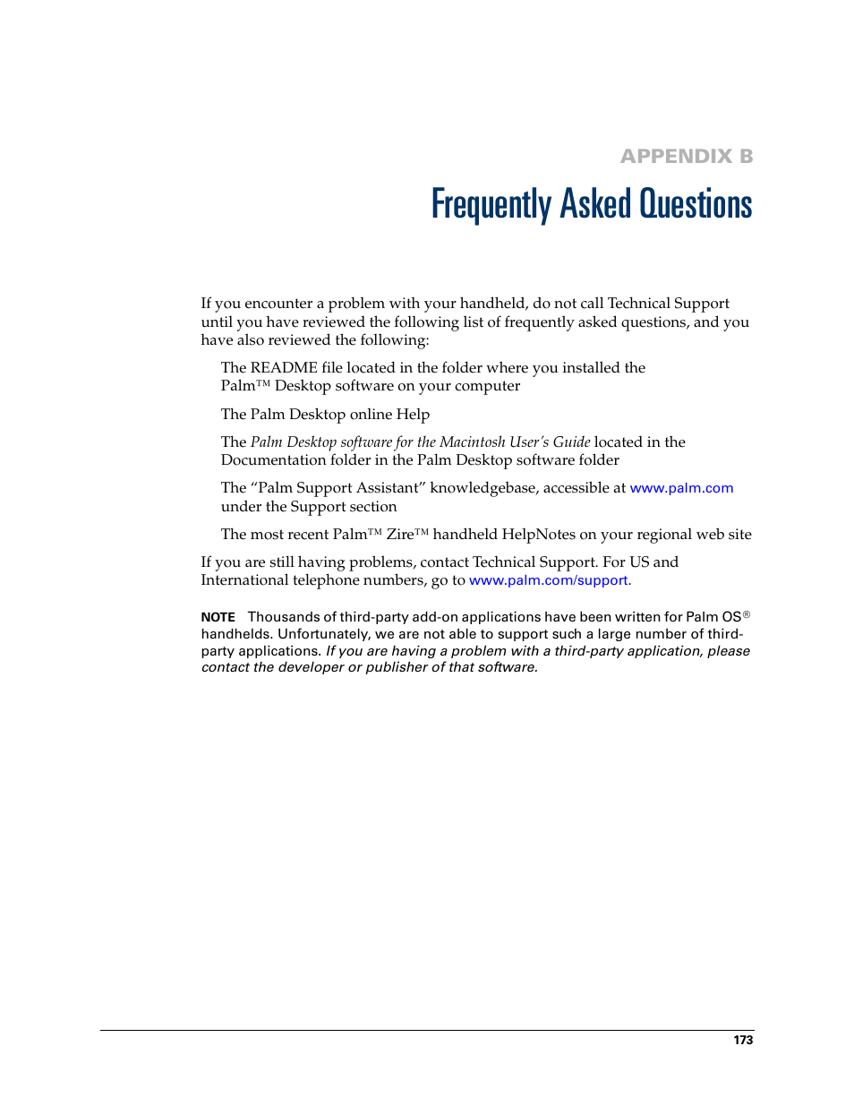 Frequently asked questions, Appendix b: frequently asked questions, Appendix b | Palm Zire 21 User Manual | Page 183 / 208