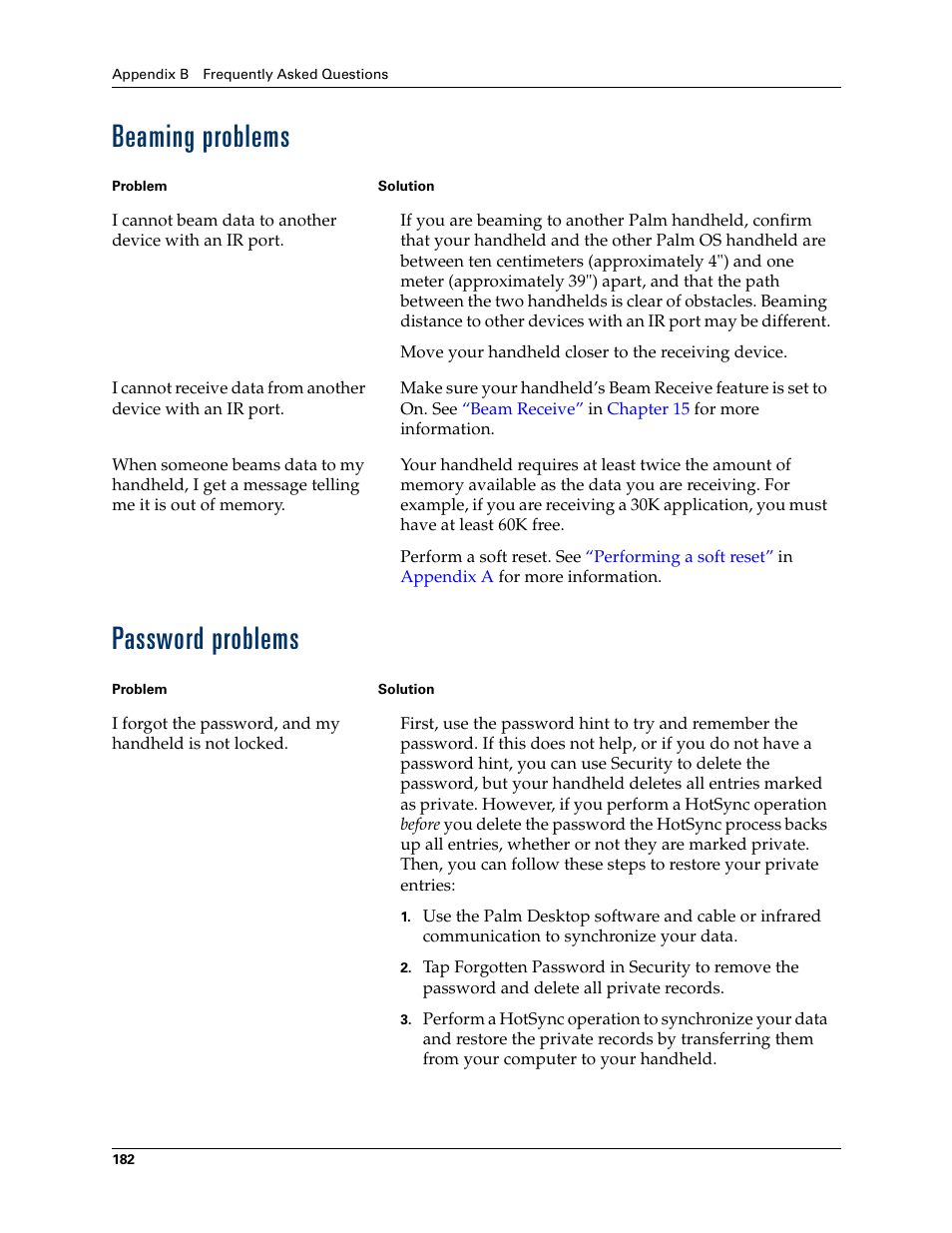 Beaming problems, Password problems, Beaming problems password problems | Palm Zire 21 User Manual | Page 192 / 208