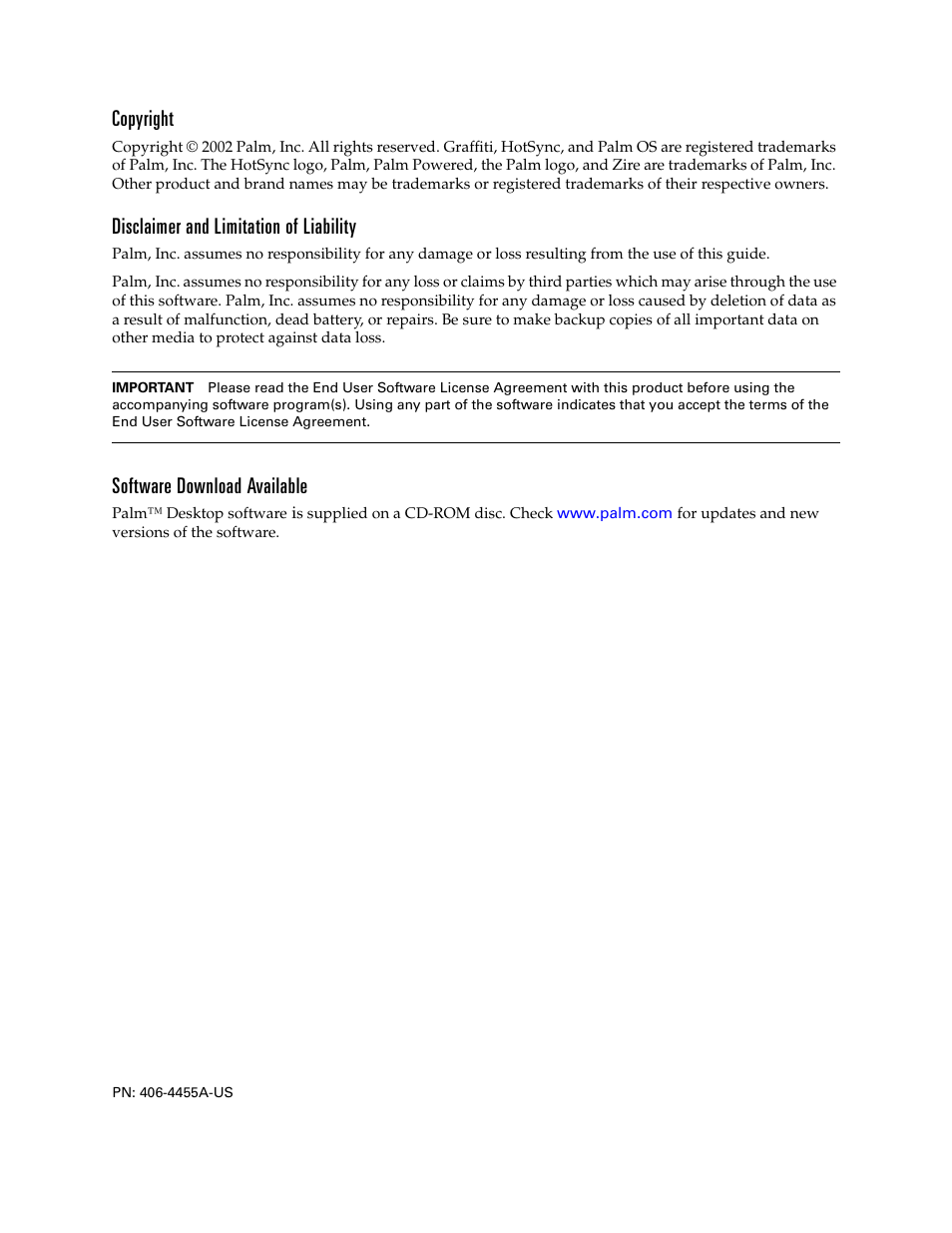 Copyright, Disclaimer and limitation of liability, Software download available | Palm Zire 21 User Manual | Page 2 / 208